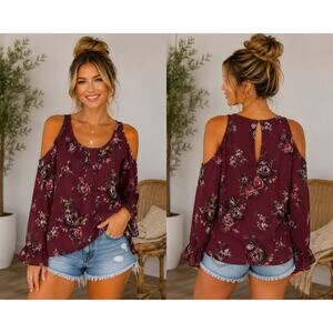 Takara Floral Cold Shoulder Blouse Size Medium Burgundy Sheer Boho Top